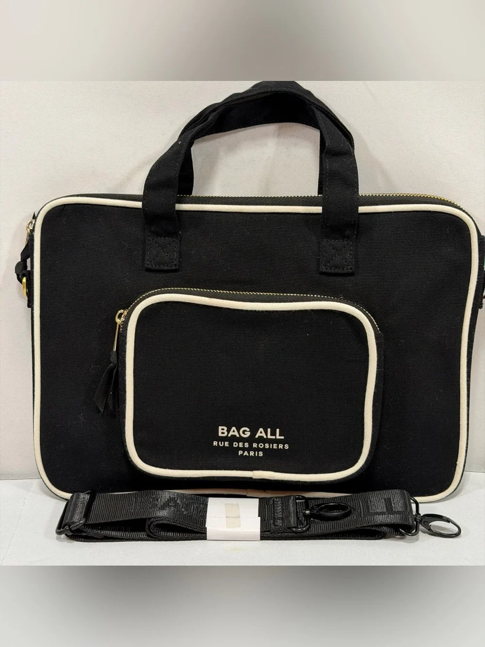 Canvas Designer Laptop Case Tote Bag Black Striped Interior Crossbody Strap Incl